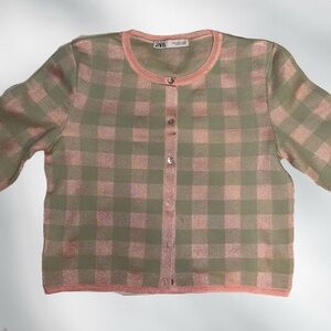 Zara Green and Pink Checkered Cardigan
